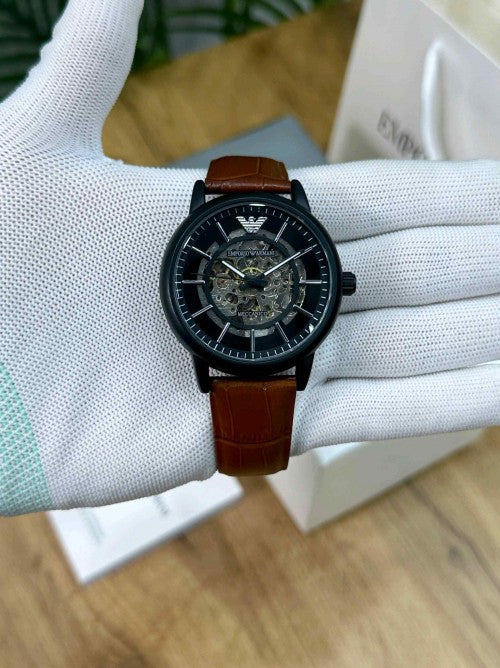 EMPORIO ARMA_ AUTOMATIC SKELETON BLACK BROWN LEATHER BELT