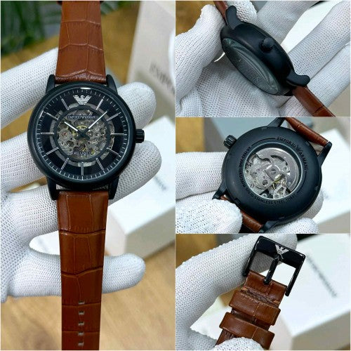 EMPORIO ARMA_ AUTOMATIC SKELETON BLACK BROWN LEATHER BELT