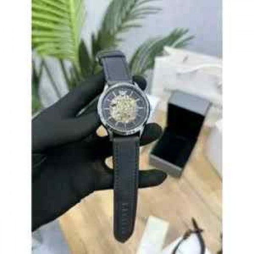 EMPORIO ARMA_ AUTOMATIC SKELETON SILVER BLACK LEATHER BELT