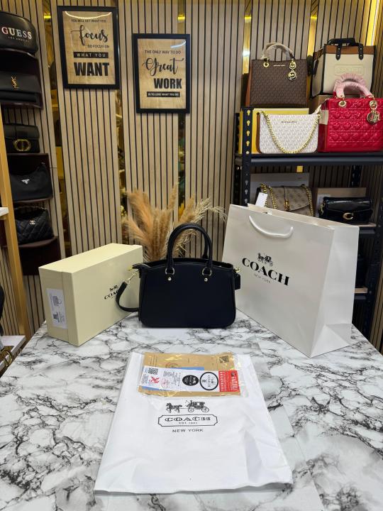 Coac_h Signature Leather Satchel Top Handle Bag With Box And Dust Bag Including Carry Bag Black