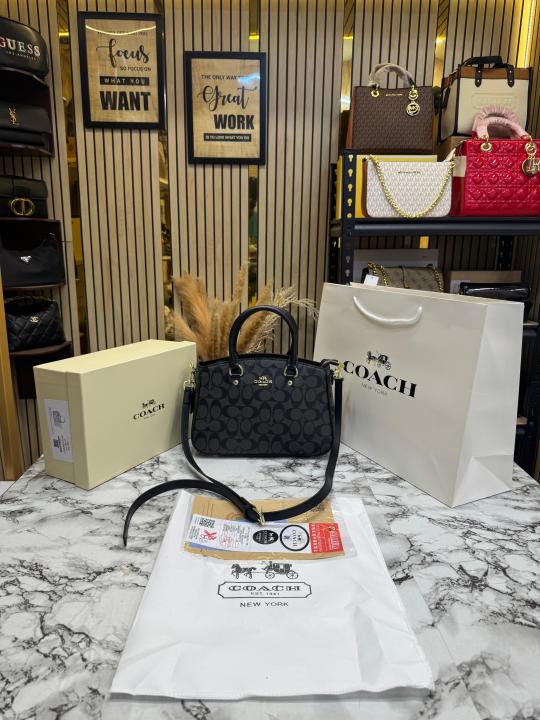 Coac_h Signature Monogram Leather Satchel Top Handle Bag With Box And Dust Bag Including Carry Bag (Black-3616)