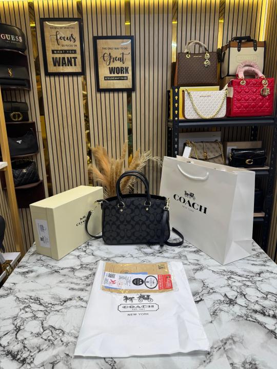 Coac_h Signature Monogram Leather Satchel Top Handle Bag With Box And Dust Bag Including Carry Bag (Black-3616)