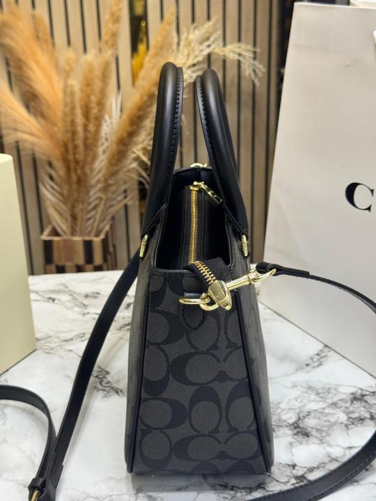 Coac_h Signature Monogram Leather Satchel Top Handle Bag With Box And Dust Bag Including Carry Bag (Black-3616)