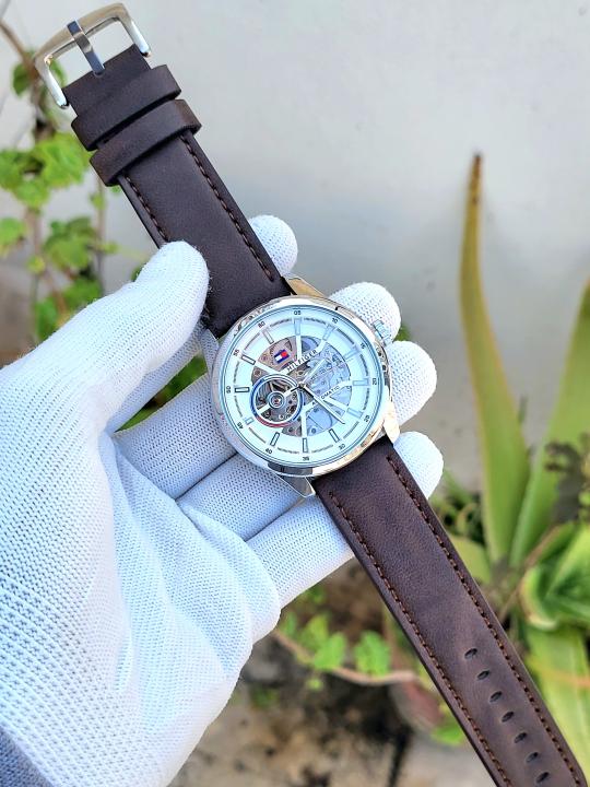 Tommy_Hilfiger Automatic Leather Belt Brown White Dial AT143