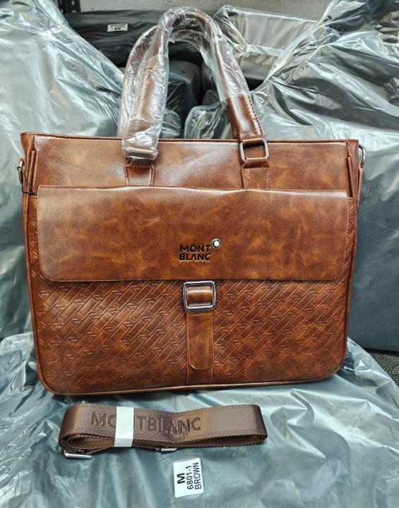 Mont Blanc Textured Flap Strap Leather Laptop Bag With Strap (M-6801-1) (Brown)