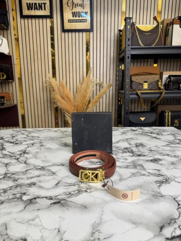 Calvin_Klein Tan Leather Belt with Gold CK Initial Buckle