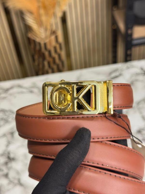 Calvin_Klein Tan Leather Belt with Gold CK Initial Buckle
