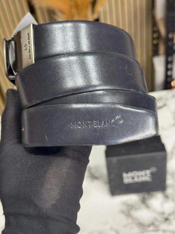 Mont Blanc Black Leather Belt with Matte Silver Signature Buckle Includes Box (M29)