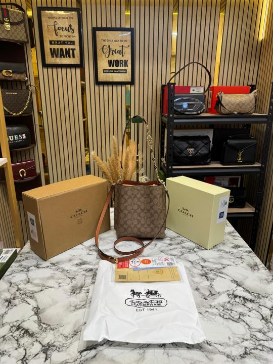 Coac_h Mollie Premium Quality Bucket Bag In Signature Canvas With Og Double Box Dust Bag (Apricot) (F-62699)