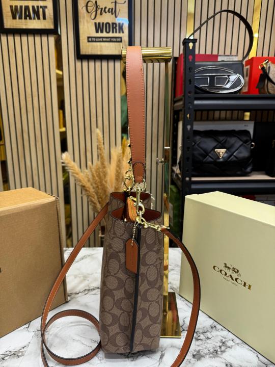 Coac_h Mollie Premium Quality Bucket Bag In Signature Canvas With Og Double Box Dust Bag (Apricot) (F-62699)