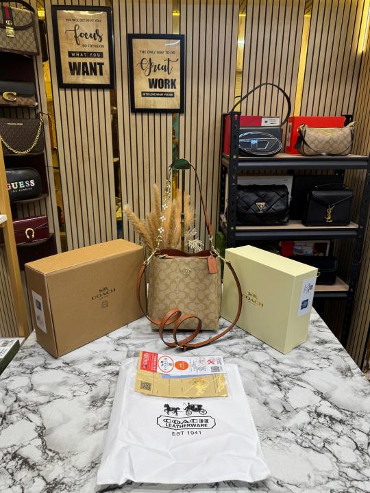 Coac_h Mollie Premium Quality Bucket Bag In Signature Canvas With Og Double Box Dust Bag (Light Apricot) (F-62699)