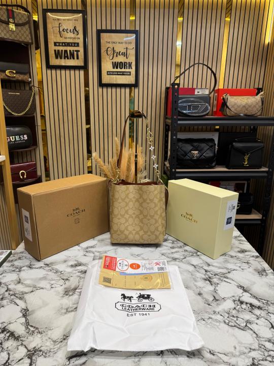 Coac_h Mollie Premium Quality Bucket Bag In Signature Canvas With Og Double Box Dust Bag (Light Apricot) (F-62699)