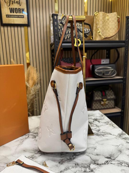 Loui_s Vuitton Neverfull Embossed Premium Quality Tote Bag With Box And Dust Bag (White)