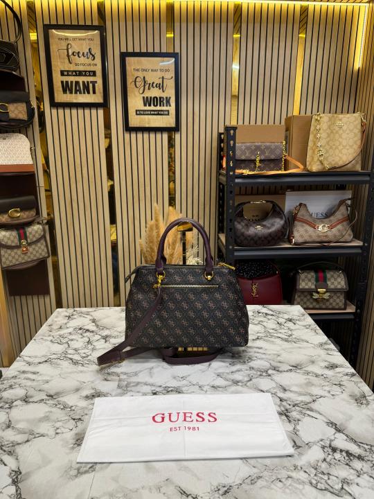 Guess Signature Monogram Logo Satchel With Dust Bag (Coffee)