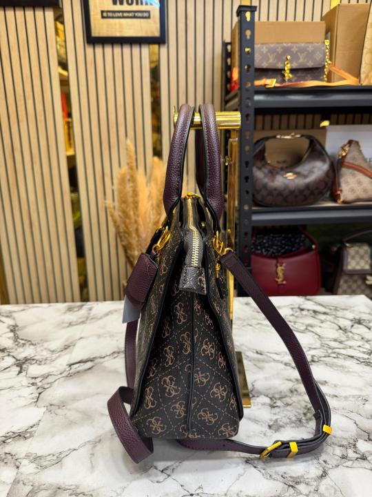 Guess Signature Monogram Logo Satchel With Dust Bag (Coffee)