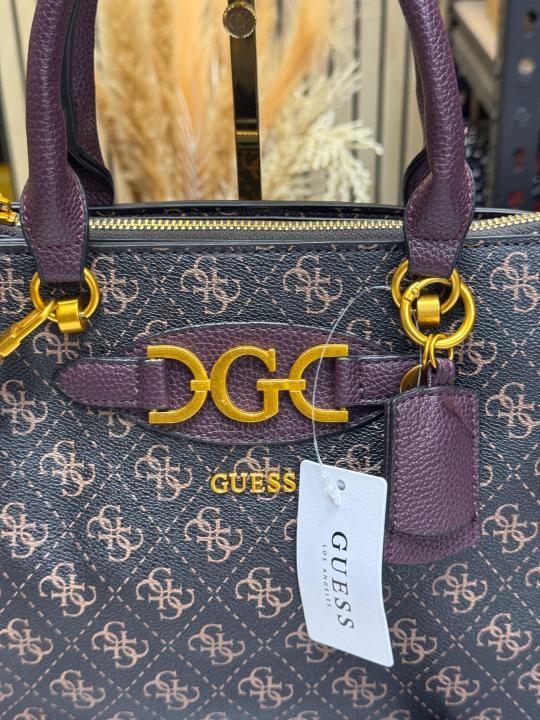 Guess Signature Monogram Logo Satchel With Dust Bag (Coffee)
