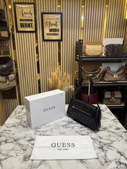 Guess Quilted G Flap Shoulder Bag With Box And Dust Bag (Black)