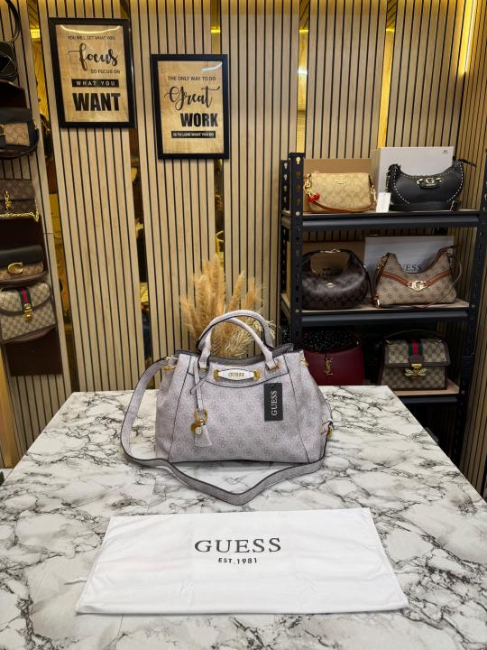 Guess Emera Logo Satchel Monogram Hand Bag With Dust Bag (White)