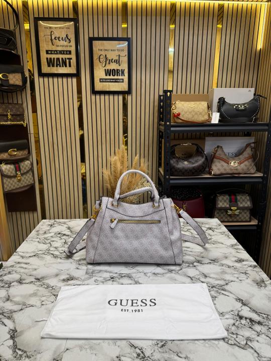 Guess Emera Logo Satchel Monogram Hand Bag With Dust Bag (White)