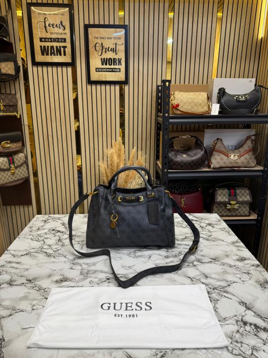 Guess Emera Logo Satchel Monogram Hand Bag With Dust Bag (Grey)