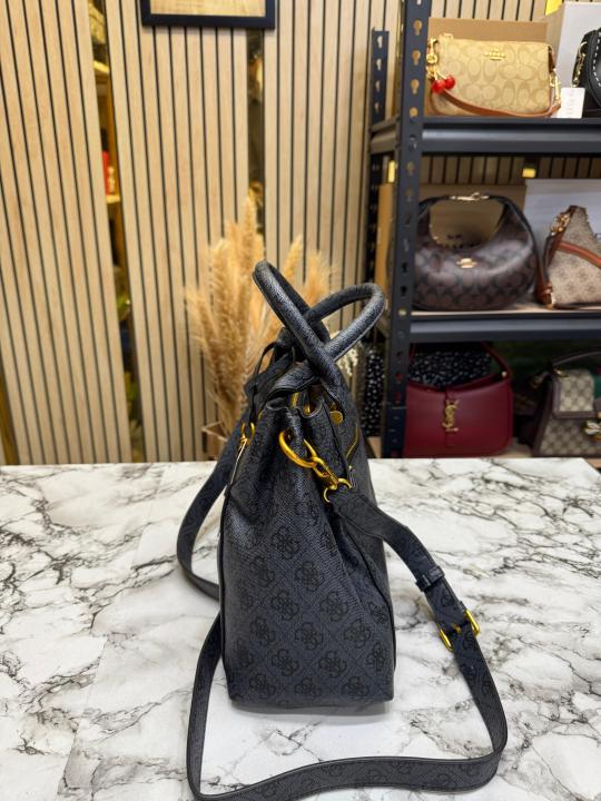 Guess Emera Logo Satchel Monogram Hand Bag With Dust Bag (Grey)