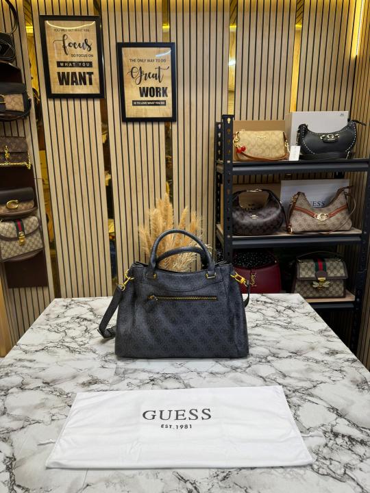 Guess Emera Logo Satchel Monogram Hand Bag With Dust Bag (Grey)