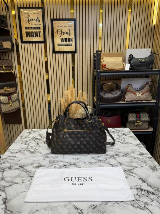 Guess Emera Logo Satchel Monogram Hand Bag With Dust Bag (Coffee)