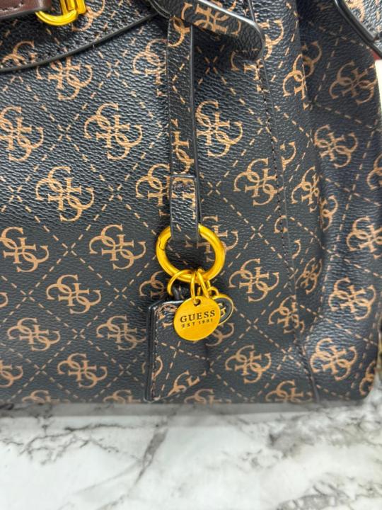 Guess Emera Logo Satchel Monogram Hand Bag With Dust Bag (Coffee)