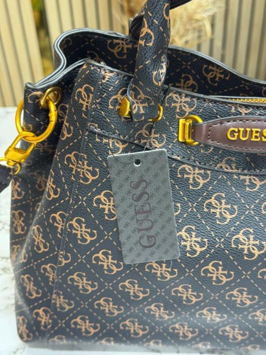 Guess Emera Logo Satchel Monogram Hand Bag With Dust Bag (Coffee)