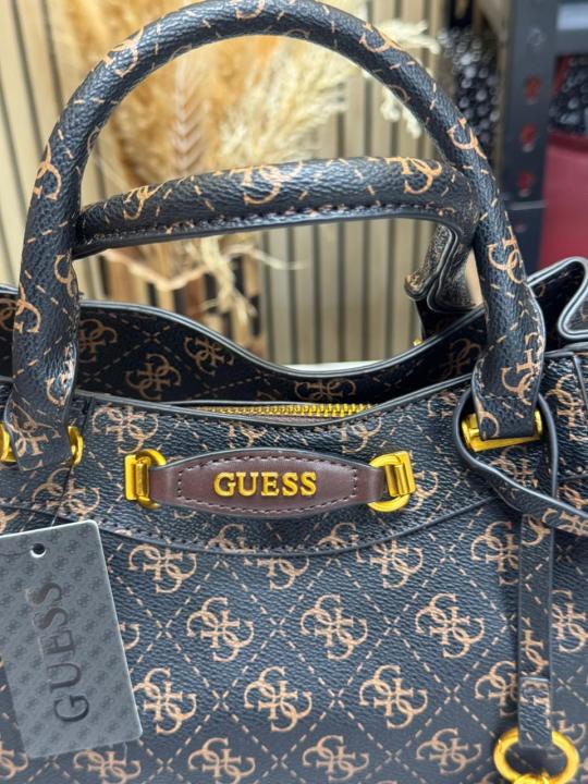 Guess Emera Logo Satchel Monogram Hand Bag With Dust Bag (Coffee)