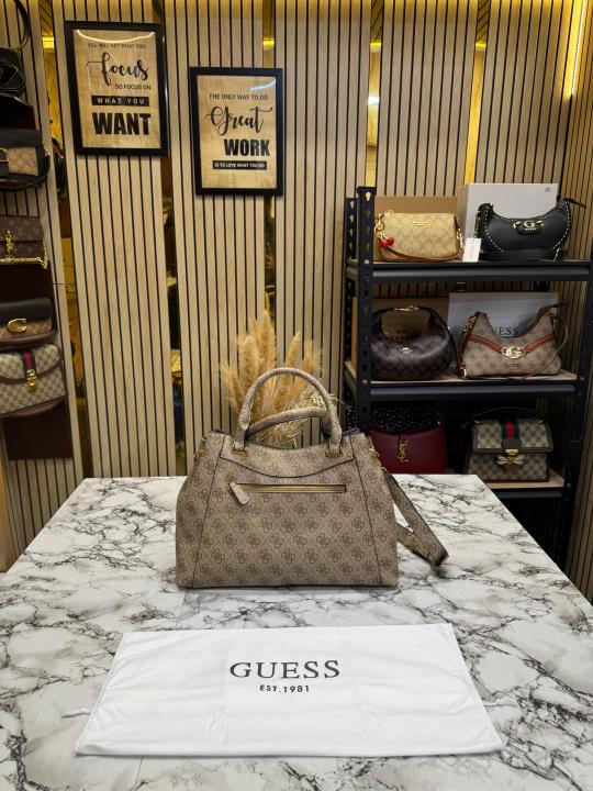 Guess Emera Logo Satchel Monogram Hand Bag With Dust Bag (Brown)