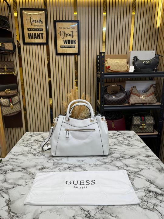 Guess Emera Logo Satchel Hand Bag With Dust Bag (White)