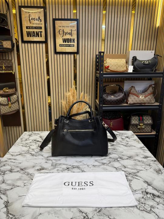 Guess Emera Logo Satchel Hand Bag With Dust Bag (Black)