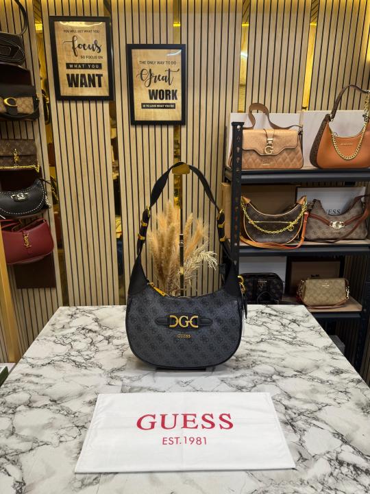 Guess Signature Monogram Hobo Shoulder Bag With Dust Bag (Grey)
