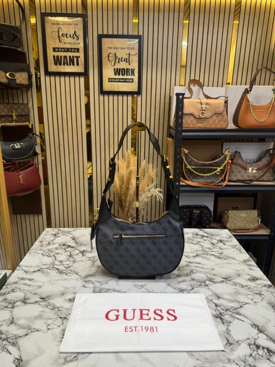 Guess Signature Monogram Hobo Shoulder Bag With Dust Bag (Grey)