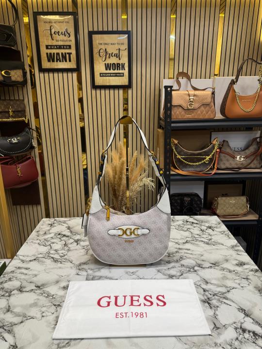 Guess Signature Monogram Hobo Shoulder Bag With Dust Bag (Beige)