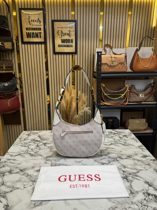 Guess Signature Monogram Hobo Shoulder Bag With Dust Bag (Beige)