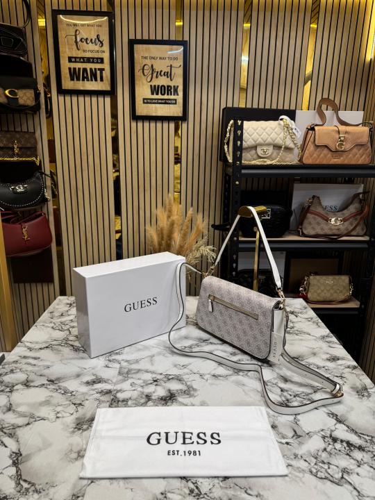 Guess Womens Eco Mietta Flap Shoulder Bag With Box And Dust Bag (Beige)