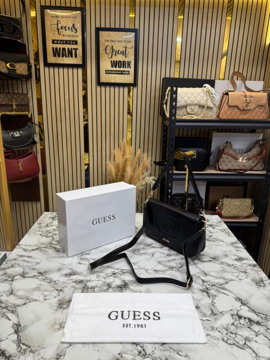 Guess Womens Eco Mietta Flap Shoulder Bag With Box And Dust Bag (Black)