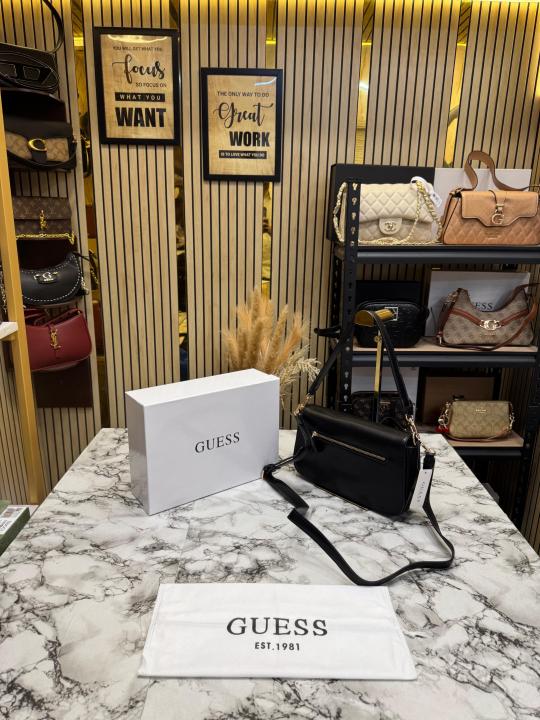 Guess Womens Eco Mietta Flap Shoulder Bag With Box And Dust Bag (Black)