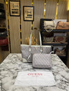 Guess Signature Monogram Shopper Tote Set With Matching Wristlet Pouch (White)