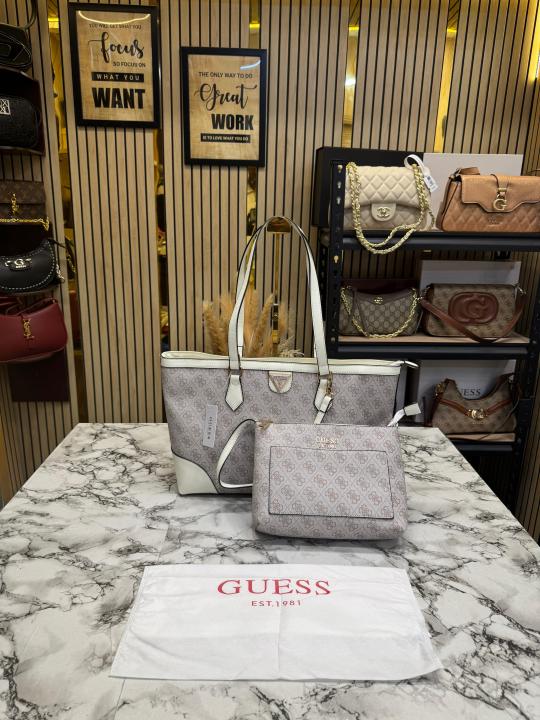Guess Signature Monogram Shopper Tote Set With Matching Wristlet Pouch (White)