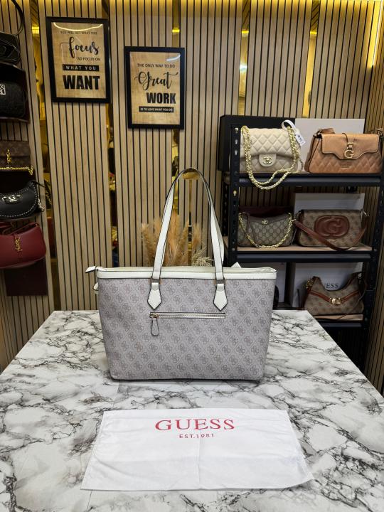 Guess Signature Monogram Shopper Tote Set With Matching Wristlet Pouch (White)
