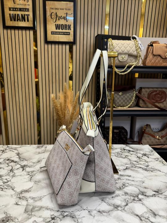 Guess Signature Monogram Shopper Tote Set With Matching Wristlet Pouch (White)