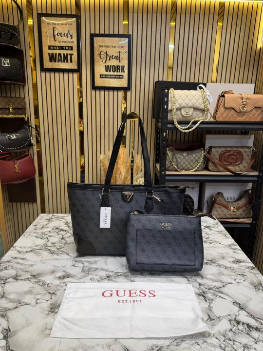 Guess Signature Monogram Shopper Tote Set With Matching Wristlet Pouch (Grey)