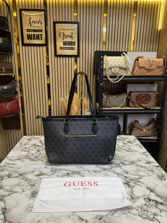 Guess Signature Monogram Shopper Tote Set With Matching Wristlet Pouch (Grey)