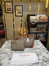 Guess Signature Shopper Tote Set With Matching Wristlet Pouch (Brown)