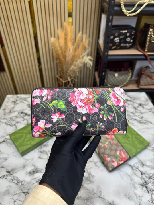 Gucc_i Floral Monogram Zip Around Long Wallet With Box (Black) (AAA60017)