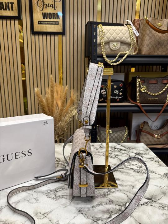 Guess Verona Monogram Flap Crossbody With Box And Dust Bag (Beige)