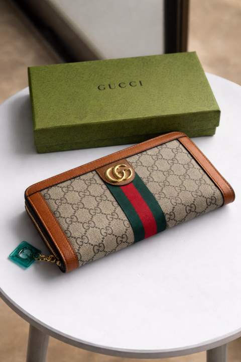 Gucc_i Heritage GG Stripe Zip Wallet With Box (Brown) (3035)